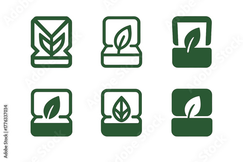 Eco Jewelry Logos. Eco jewelry packaging. Set Logo of Eco jewelry packaging: jewelry box with leaf emblem. harmonious logo variations of the same emblematic