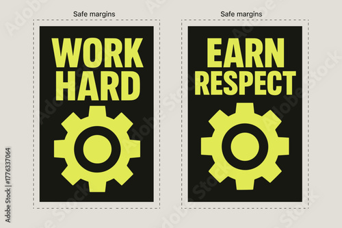 Brutalist Work Banners. Work Ethic. Two vertical A6 banners with safe margins, centered composition, no elements touching edges, brutalist, charcoal and neon