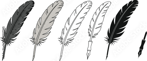 Feather quill pen vector illustration writing tool design set