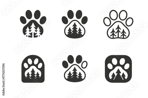 Pet Travel Logos. Pet-friendly travel destinations. Set Logo of Pet-friendly travel destinations: Forest. harmonious logo variations of the same emblematic