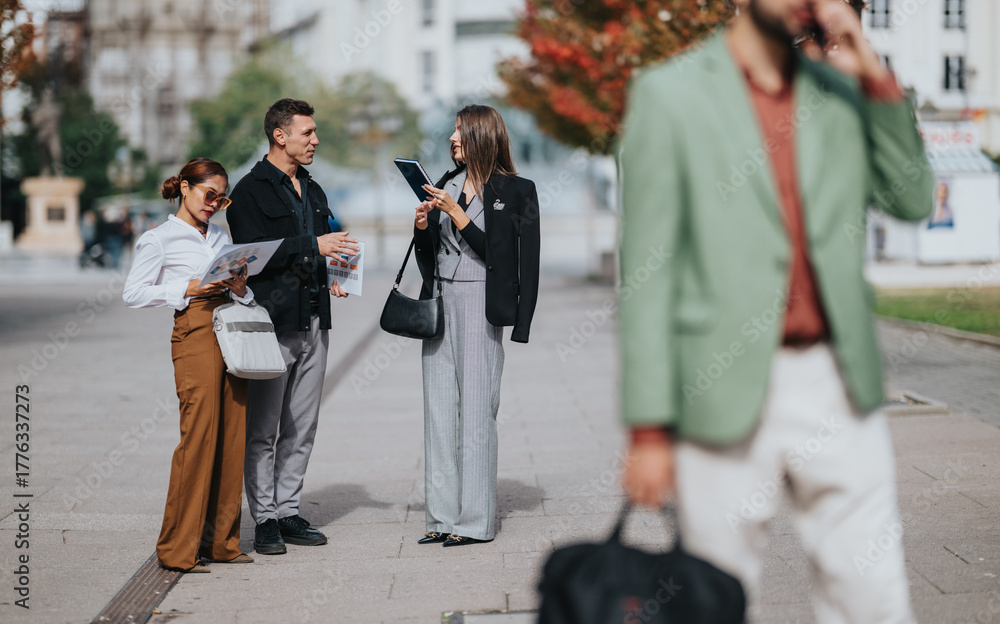 Fototapeta premium A group of business people stand in a city square, discussing papers and a tablet while a passerby moves past in the foreground. Urban, collaborative moment.