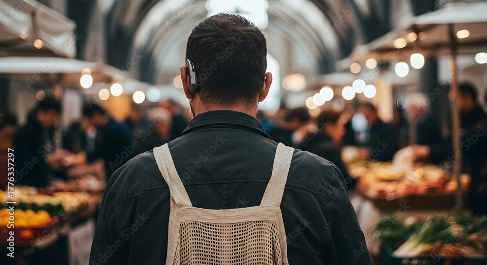 Fototapeta premium Man Observing Bustling Market Scene Filled with Fresh Produce and Vibrant Colors in an Urban Setting