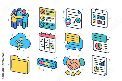 Vibrant Collaboration Icons. Group project collaboration. Colorful isometric vector icons set of Group project collaboration: team huddle, roles assignment