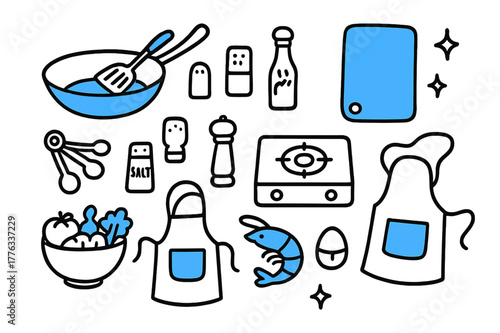 Kitchen Essentials Doodle. // Kitchen setup. Hand-drawn doodle illustration Kitchen setup [wok (accented), spatula (accented), cutting board (accented), stove,