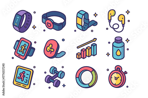 Colorful Fitness Icons. Fitness wearables. Colorful isometric vector icons set of Fitness wearables: fitness tracker, chest strap sensor, ankle tracker,