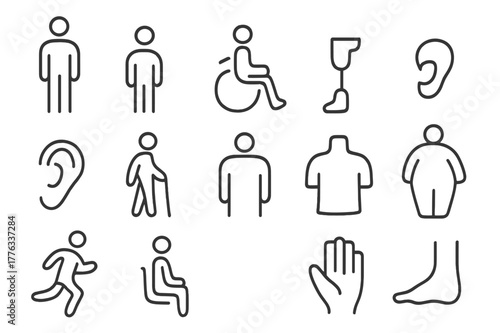 Inclusive Body Icons. Body Diversity. Line icon set of body diversity: tall figure, short figure, wheelchair user, prosthetic leg, hearing aid, walking cane,