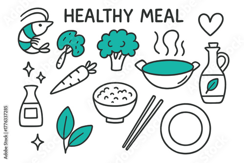 Healthy Meal Doodle. // Healthy meal. Hand-drawn doodle illustration Healthy meal [shrimp (accented), broccoli (accented), carrot, wok (accented), soy sauce,