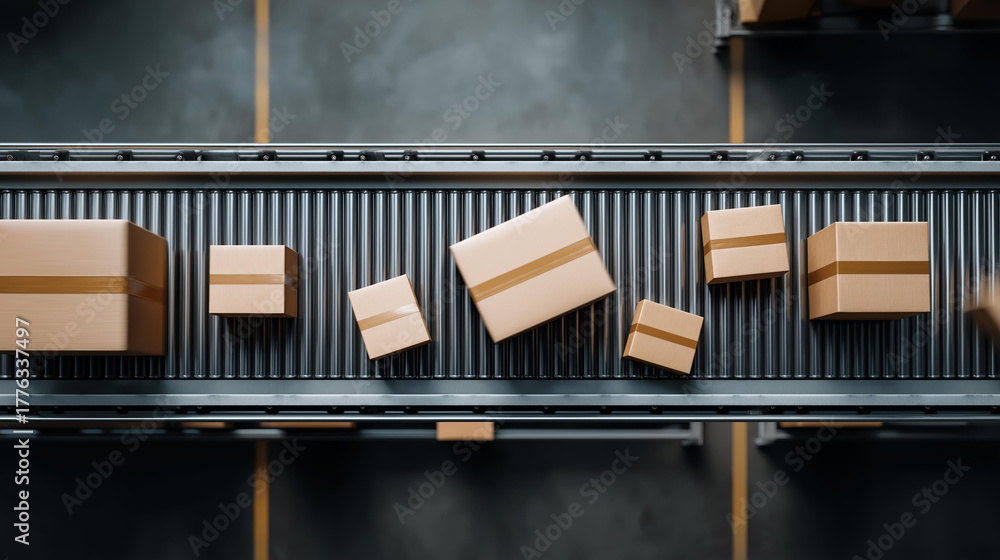 Obraz premium Aerial view of belts moving boxes in a distribution hub, industrial efficiency in overhead logistics, supply chain dynamics in center operations, manufacturing innovation in layout