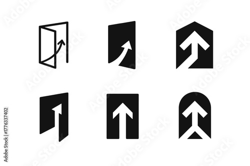 Opportunities Logo Grid. Creating opportunities. Set Logo of Creating opportunities: open doorway with rising arrow. harmonious logo variations of the same