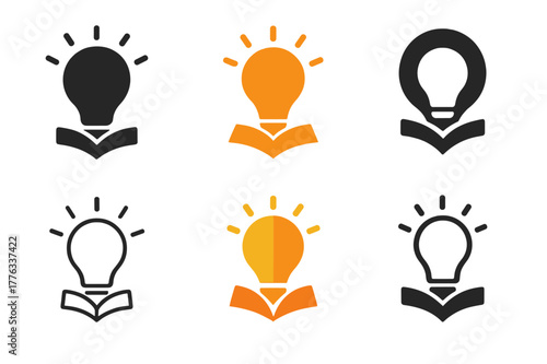 Knowledge Logo Variations. Knowledge. Set Logo of Knowledge: Lightbulb. harmonious logo variations of the same emblematic concept, each with different artistic