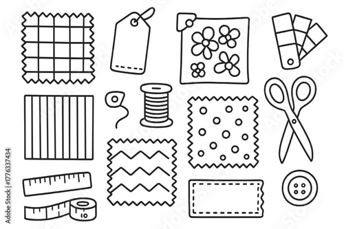 Fabric Tools Icon Set. Fabric swatches. Hand-drawn doodle illustration fabric swatches fabric samples, tag, thread spool, scissors, ruler, button, grid,