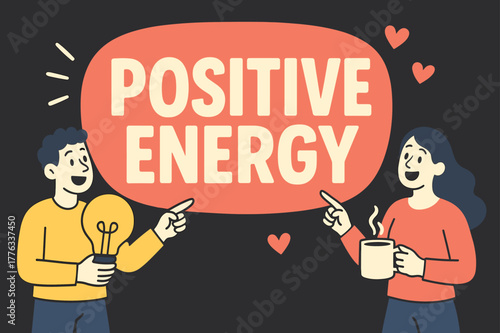 Energetic Banner Design. Positive energy banner, flat vector illustration, bold oversized text inside rounded blob, cartoon characters standing and pointing