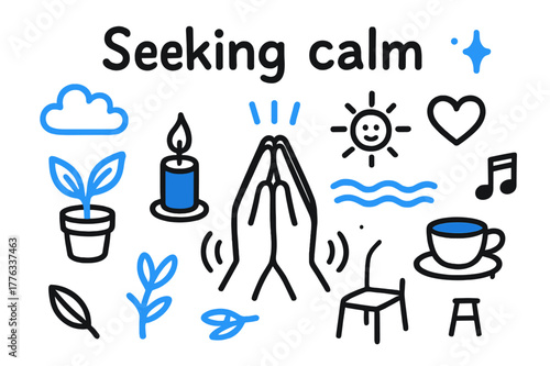 Calm Doodle Icons. // Seeking calm. Hand-drawn doodle illustration Seeking calm [hands clasped (accented), deep breath lines (accented), plant,