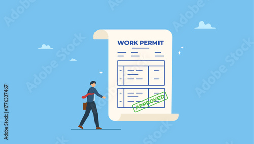 Businessman employee with approved work permit paper. Work permit document approved, contract agreement athority, legal paperwork for employment with stamp signature, immigration permission.