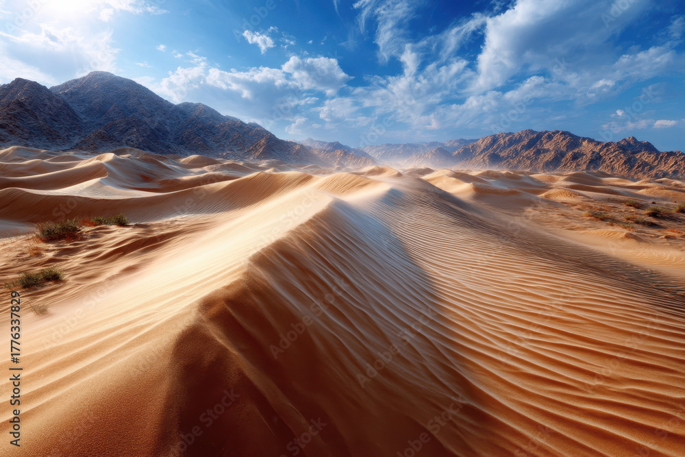 Naklejka premium Expansive desert landscape with rolling sand dunes under a bright blue sky
