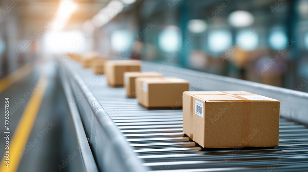 custom made wallpaper toronto digitalWide warehouse belt with boxed packages, industrial efficiency in e-commerce flow, supply chain dynamics in automated delivery, manufacturing innovation in logistics banners, produ