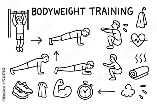 Bodyweight Exercise Icons. Bodyweight training. Hand-drawn doodle illustration bodyweight training pull-up bar, push-up pose, sit-ups, plank, squats, running
