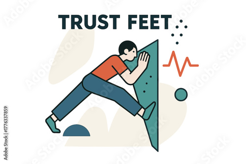 Dynamic Climbing Artistry. Slab Balance Challenge. Palms press, toes smear, the body becomes a line; ?TRUST FEET? hovers as tiny grip dots drift. A calm