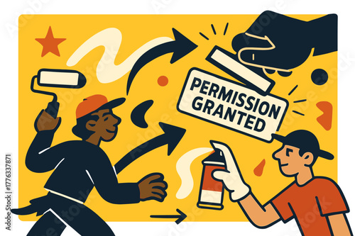 Vibrant Street Art. Street art mural. A roller and spray can tag a bright wall; ?Permission granted? stamp pops with a click. Arrows sweep viewers? eyes across