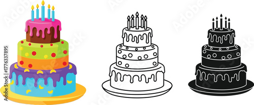 Three tier birthday cake vector illustration and line art