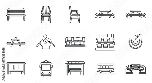 Outdoor seating icons benches chairs tables buses stadiums for parks public spaces events offering versatile urban furniture solutions.