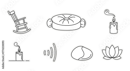 wellness icons rocking chair cushion candle and lotus flower offering relaxation promoting mindfulness and positive thinking in a calming space