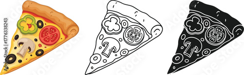 Pizza slice illustration with different styles and toppings