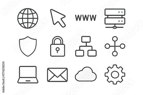 Domain Icon Set. Domain. Line icon set of domain: globe, cursor, www text, server, shield, padlock, dns, network, laptop, email, cloud, settings gear. All