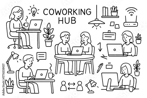 Coworking Space Doodle. Coworking Hub. Hand-drawn doodle illustration Coworking Hub people at desks, laptops, chairs, coffee cups, plants, notebooks, pens,