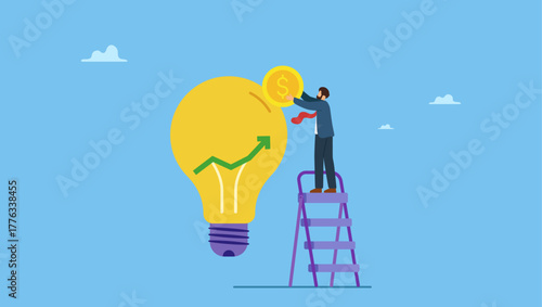 Businessman put coin in growth graph lightbulb. Invest in growth stock, mutual fund or growing money, savings, pension fund or increase return from stock market, economy or rising interest rate.