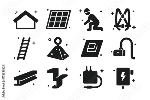 Rooftop Solar Icons. Rooftop solar installation. Solid icons set of Rooftop solar installation: roof outline, array layout plan, installer silhouette, safety