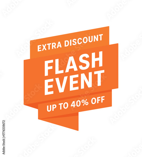 Flat vector folded strip design top text EXTRA DISCOUNT main text EVENT bottom text UP TO 40% OFF clean orange folded shape with white font