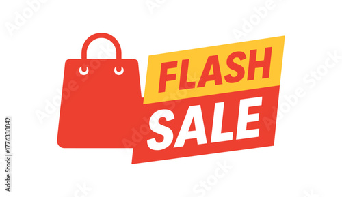 Flat vector banner design icon of shopping bag next to bold text SALE red and rectangular flat marketing composition