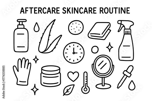 Skincare Routine Icons. Aftercare skincare routine. Hand-drawn doodle illustration Aftercare skincare routine lotion bottle, aloe leaf, droplet, cotton pad,