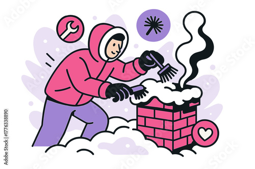 Winter Chimney Upkeep. Chimney Maintenance in Winter. A figure in a warm jacket brushes snow off the bricks, smoke curling beside. Floating icons show wrench,