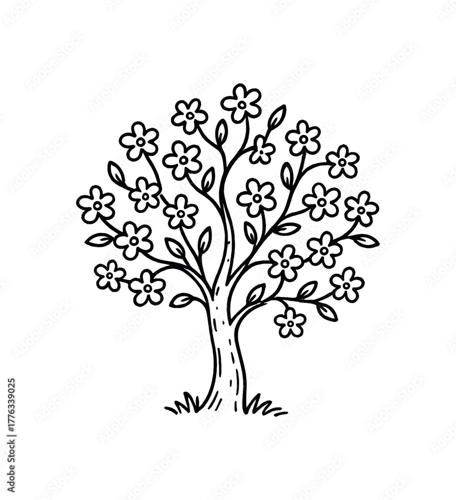 Obraz premium handdrawn cute doodle style blooming tree vector line illustration