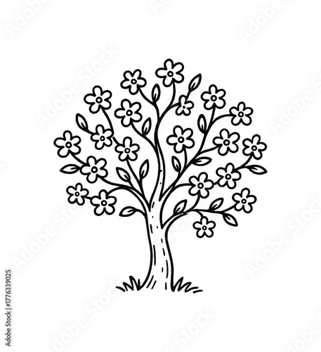 handdrawn cute doodle style blooming tree vector line illustration