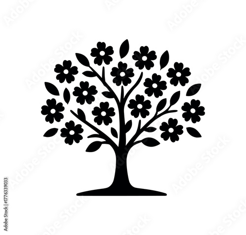 blooming tree flat black solid vector illustration isolated on white background