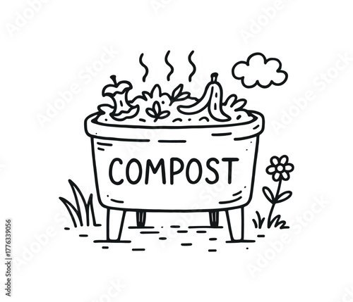 handdrawn cute doodle style compost bin at home vector line illustration