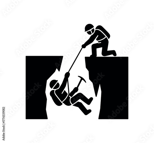 crevasse climb rescuer flat black solid vector illustration isolated on white background