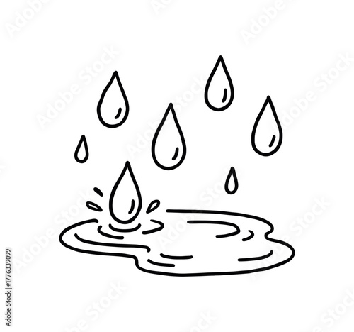handdrawn cute doodle style raindrops and puddle vector line illustration