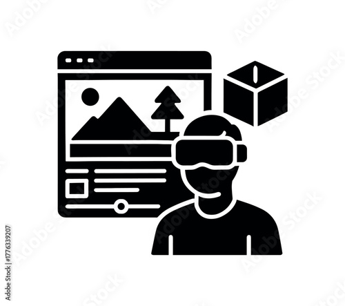 immersive 3D scene creator flat black solid vector illustration isolated on white background