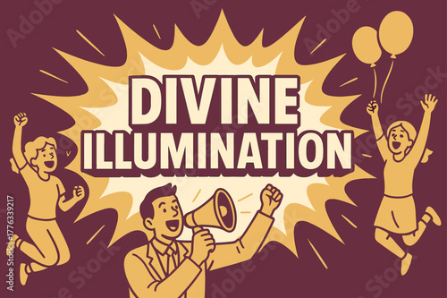 Joyful Celebration Banner. Divine illumination banner, flat vector illustration, bold oversized text inside comic burst, cartoon characters jumping and