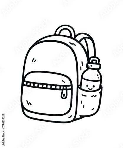 handdrawn cute doodle style reusable water bottle backpack vector line illustration
