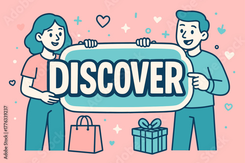 Discover Banner. DISCOVER banner, flat vector illustration, bold oversized text inside sticker outline, cartoon characters standing and holding interacting