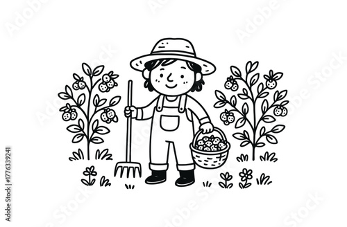 handdrawn cute doodle style berry orchard grower vector line illustration