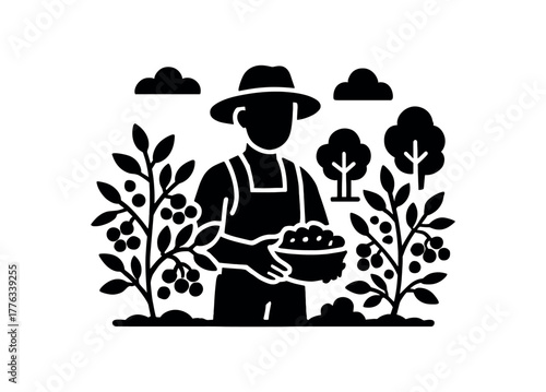 berry orchard grower flat black solid vector illustration isolated on white background