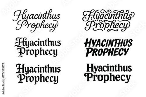 Hyacinthus Lettering Variations. Hyacinthus Prophecy. Set lettering. harmonious lettering variations of the same emblematic concept, each with different