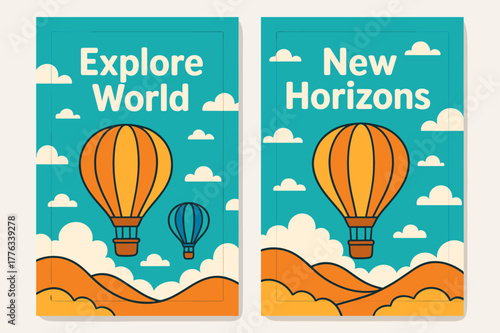 Banners with Hot Air Balloons. ADVENTURE. Two vertical A6 banners with safe margins, centered composition, no elements touching edges, cartoon, turquoise and