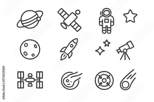 Orbit Icon Set. Orbit. Line icon set of orbit: planet, satellite, orbit path, astronaut, moon, rocket, telescope, star, space station, meteor, gravity field,